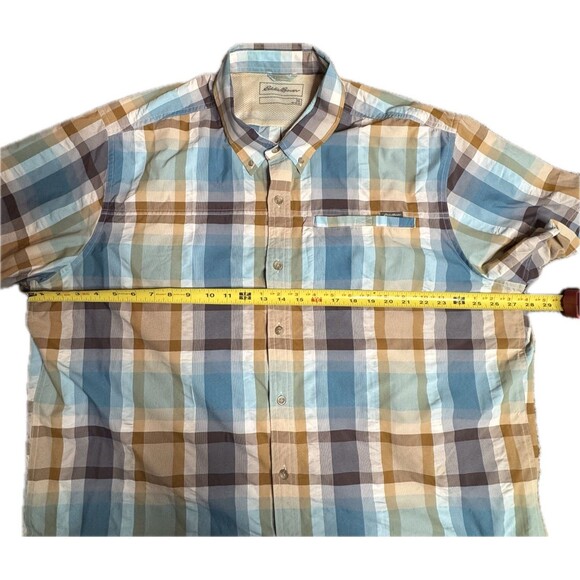 Eddie Bauer Button Down Short Sleeve Shirt Plaid Blue Cotton Men’s XXL Pre-own - Picture 5 of 9